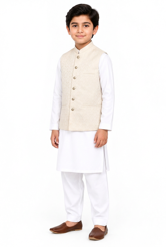 Boys Ivory on Champagne Base Diamond Design Jamawar Waistcoat Full