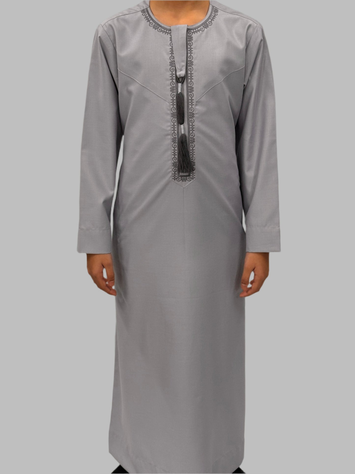 Boys Light Grey Blue Premium Embroidery Thobe Front View