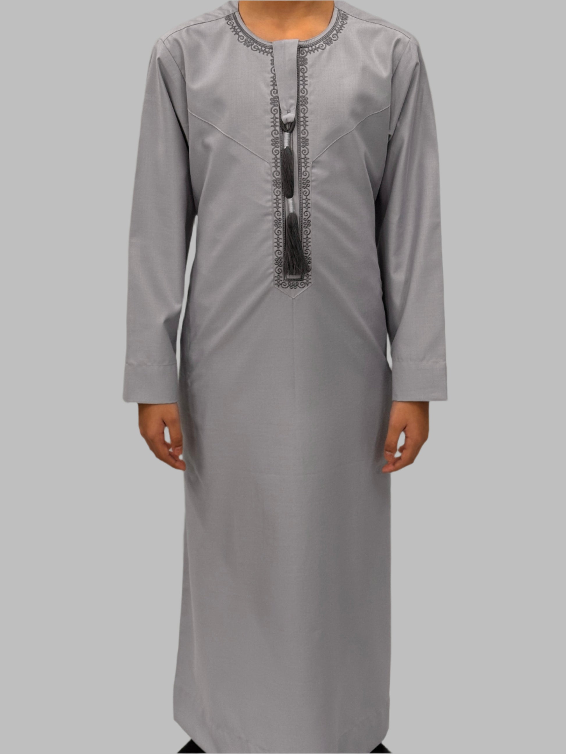 Boys Light Grey Blue Premium Embroidery Thobe Front View