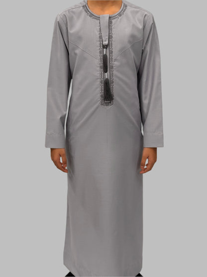 Boys Light Grey Blue Premium Embroidery Thobe Front View
