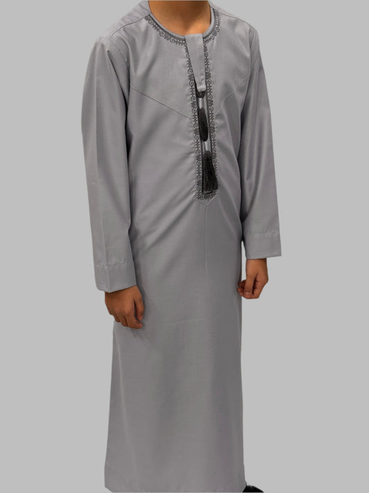 Boys Light Grey Blue Premium Embroidery Thobe Side View
