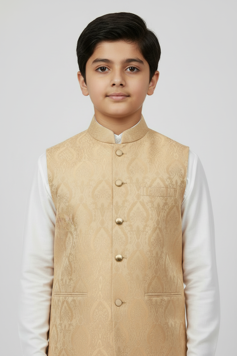 Boys Light Peach Royal Design Jamawar Waistcoat