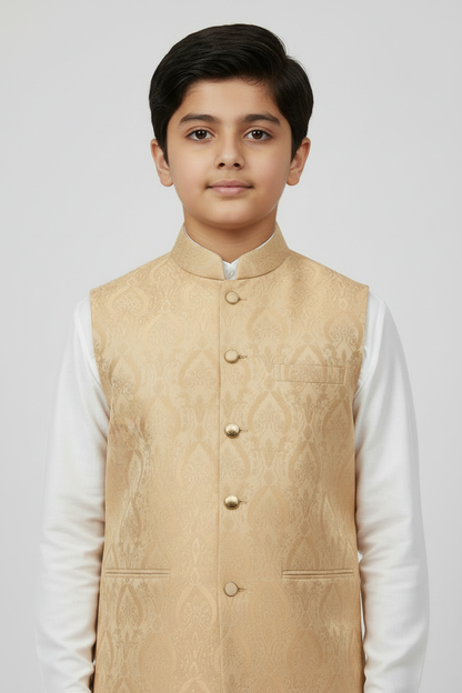 Boys Light Peach Royal Design Jamawar Waistcoat