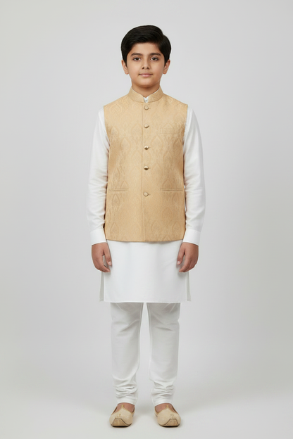 Boys Light Peach Royal Design Jamawar Waistcoat Full