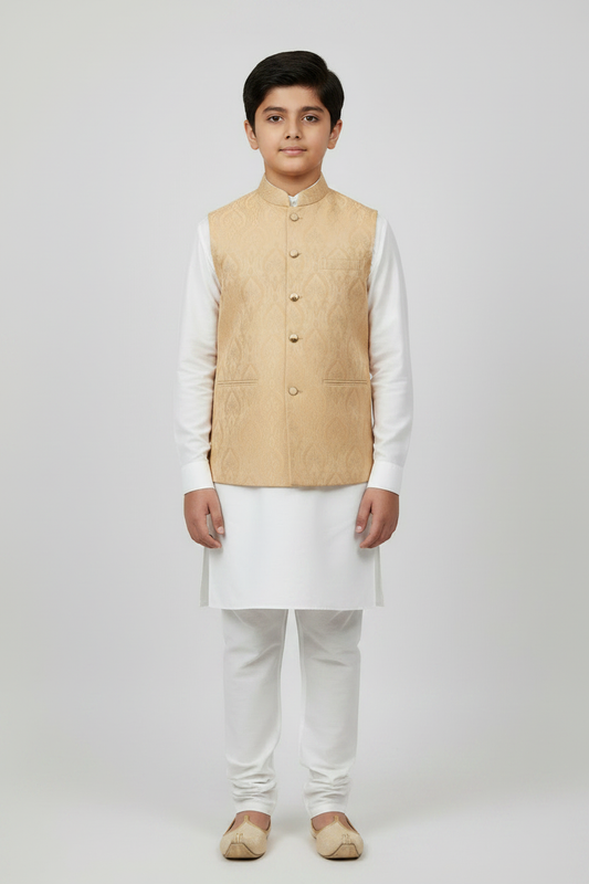 Boys Light Peach Royal Design Jamawar Waistcoat Full