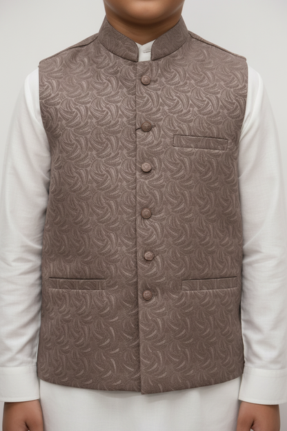 Boys Mocha Swirl design Jamawar Waistcoat Close Up