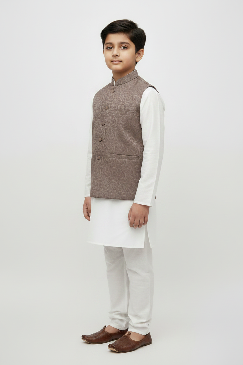 Boys Mocha Swirl design Jamawar Waistcoat Full