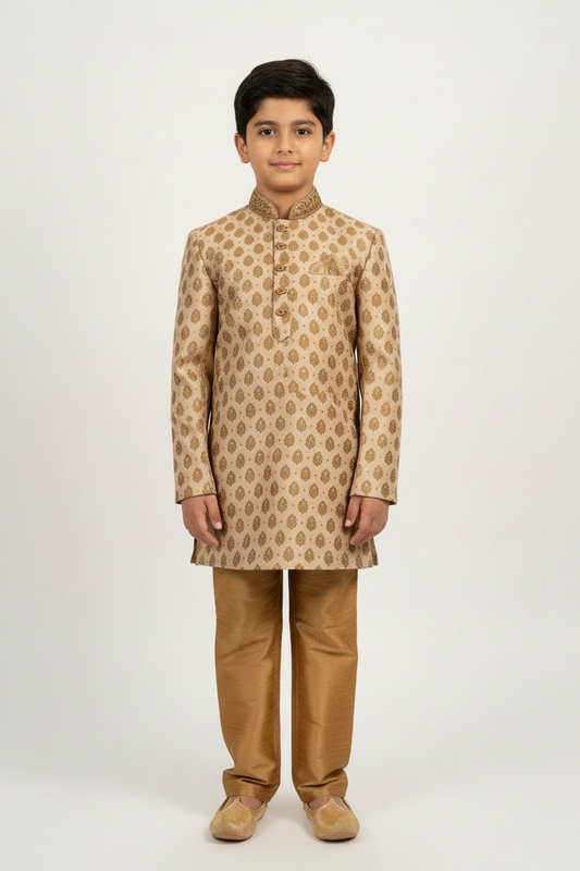 Boys Paisley Jamawar Kurta Pyjama Beige Gold Front Pose