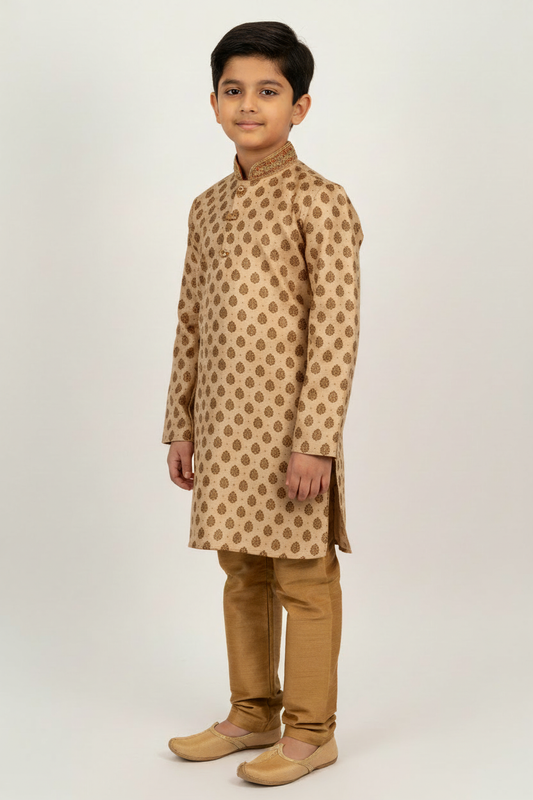 Boys Paisley Jamawar Kurta Pyjama Beige Gold Side Pose