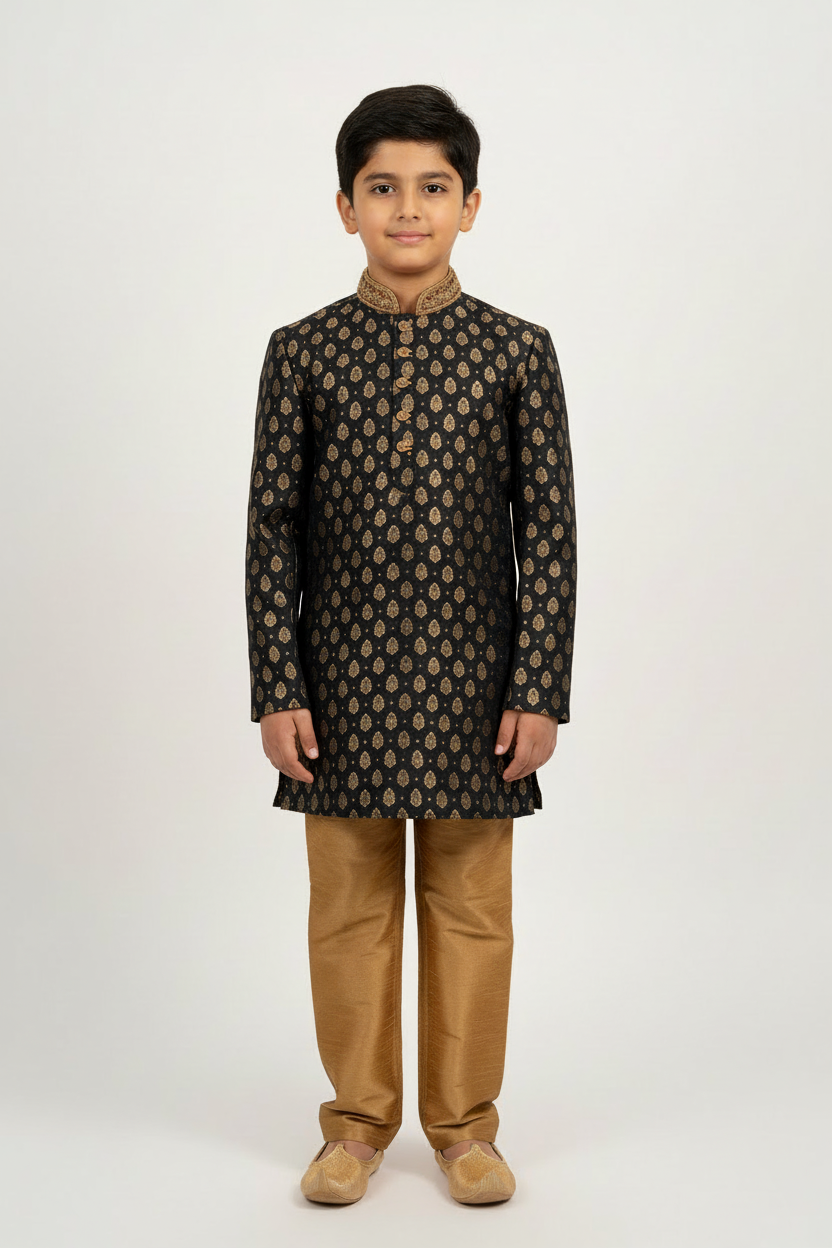 Boys Paisley Jamawar Kurta Pyjama Black Gold Front Pose