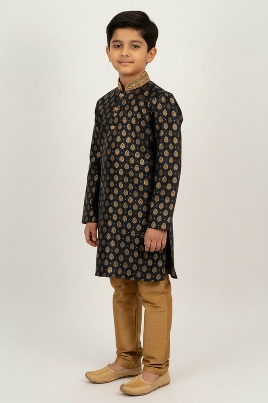 Boys Paisley Jamawar Kurta Pyjama Black Gold Side Pose