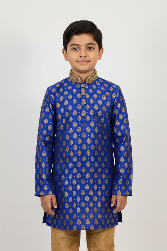 Boys Paisley Jamawar Kurta Pyjama Blue Gold Front Pose