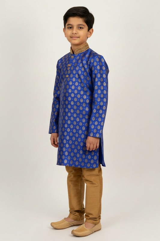 Boys Paisley Jamawar Kurta Pyjama Blue Gold Side Pose