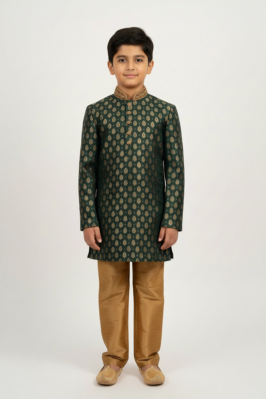 Boys Paisley Jamawar Kurta Pyjama Bottle Green Gold Front Pose