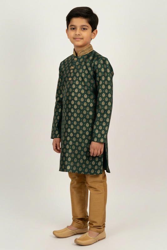 Boys Paisley Jamawar Kurta Pyjama Bottle Green Gold Side Pose