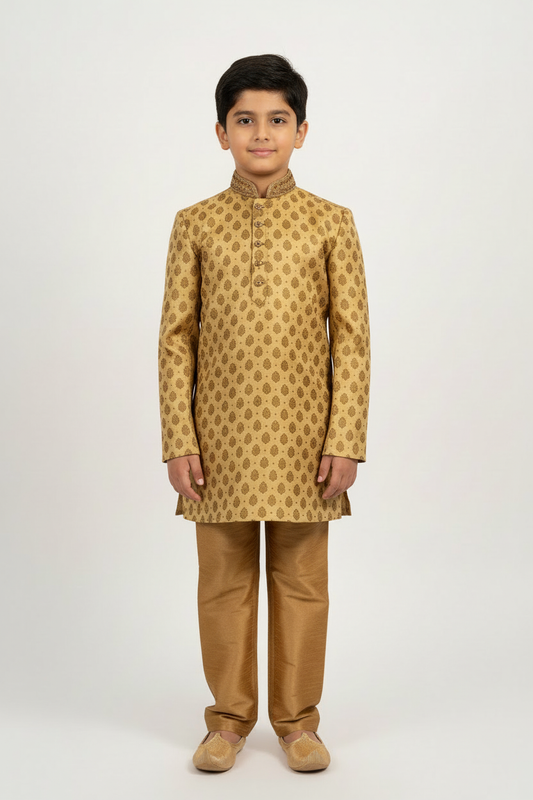 Boys Paisley Jamawar Kurta Pyjama Gold Gold Front Pose
