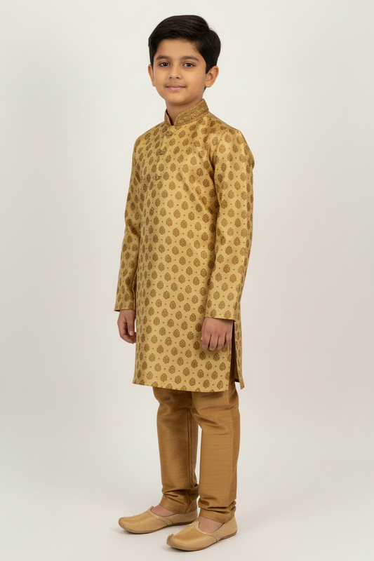 Boys Paisley Jamawar Kurta Pyjama Gold Gold Side Pose
