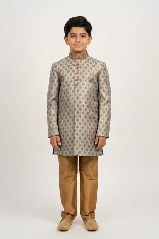 Boys Paisley Jamawar Kurta Pyjama Grey Gold Front Pose