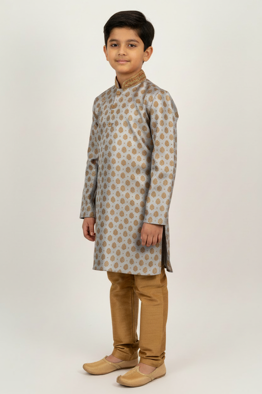 Boys Paisley Jamawar Kurta Pyjama Grey Gold Side Pose