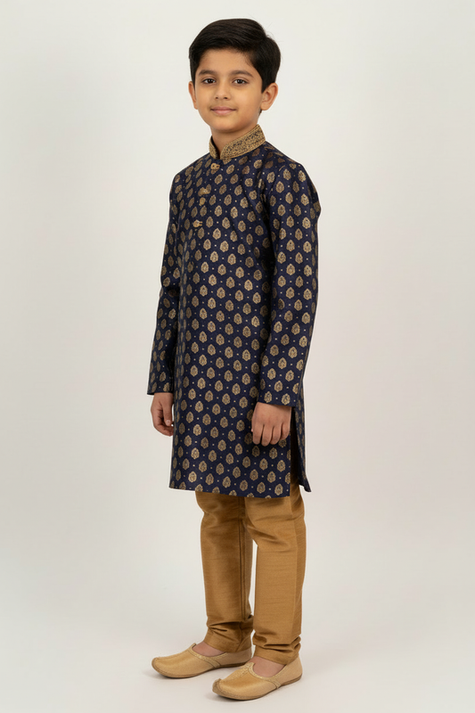 Boys Paisley Jamawar Kurta Pyjama Navy Gold Side Pose