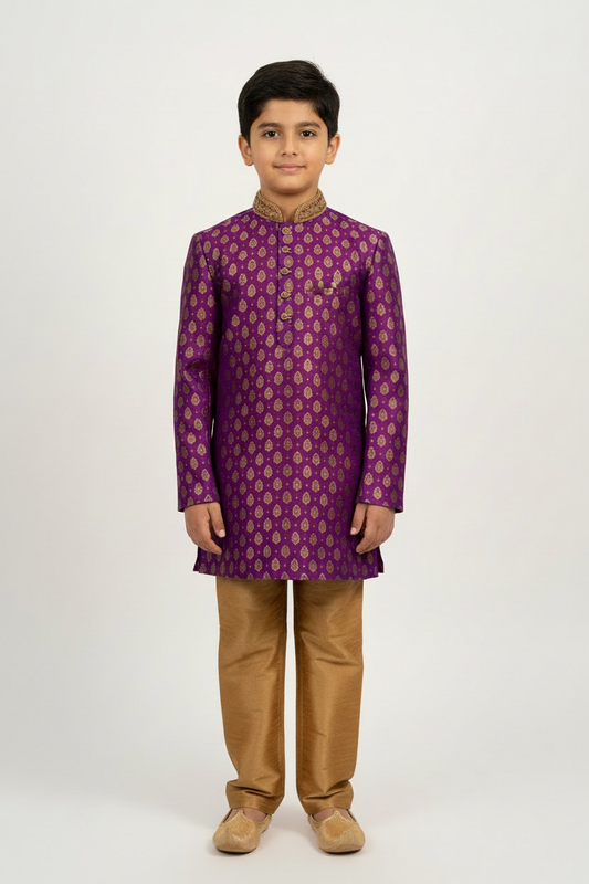 Boys Paisley Jamawar Kurta Pyjama Purple Gold Front Pose