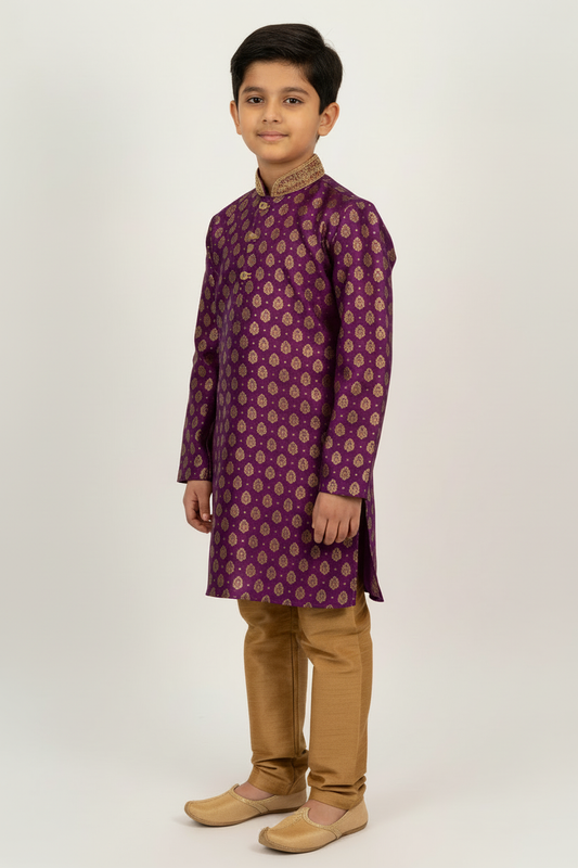 Boys Paisley Jamawar Kurta Pyjama Purple Gold Side Pose