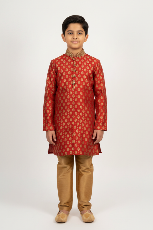 Boys Paisley Jamawar Kurta Pyjama Red Gold Front Pose