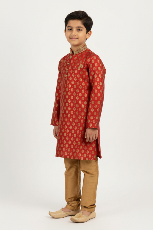 Boys Paisley Jamawar Kurta Pyjama Red Gold Side Pose