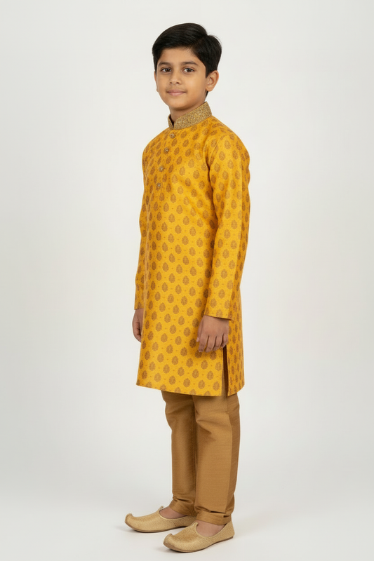Boys Paisley Jamawar Kurta Pyjama Yellow Gold Side Pose