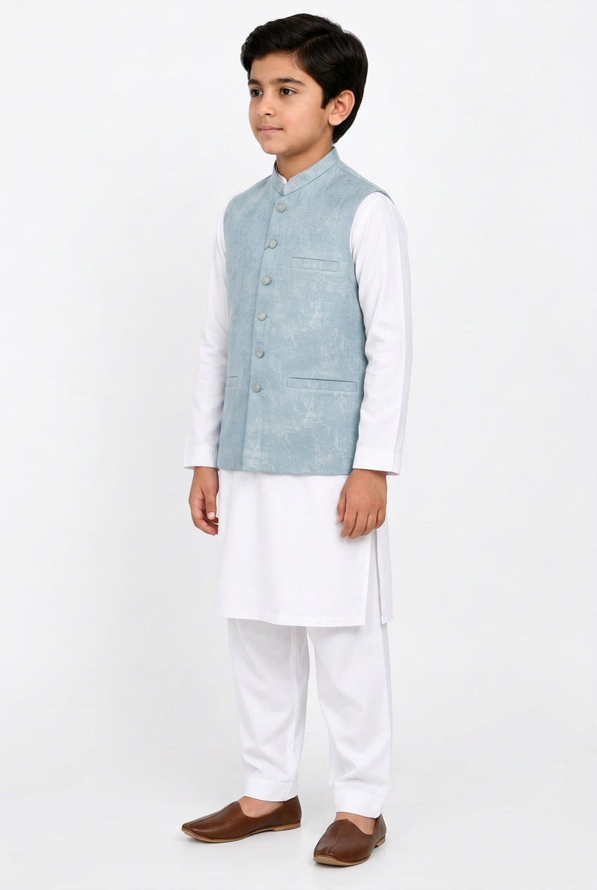 Boys Pastel Blue Stone Print Design Jamawar Waistcoat angled view