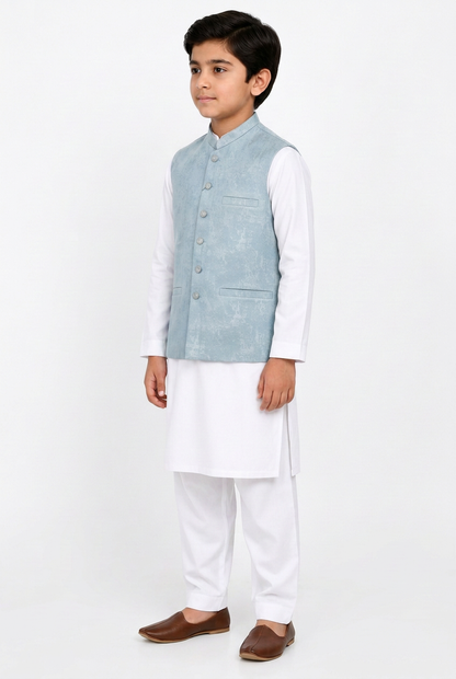 Boys Pastel Blue Stone Print Design Jamawar Waistcoat angled view