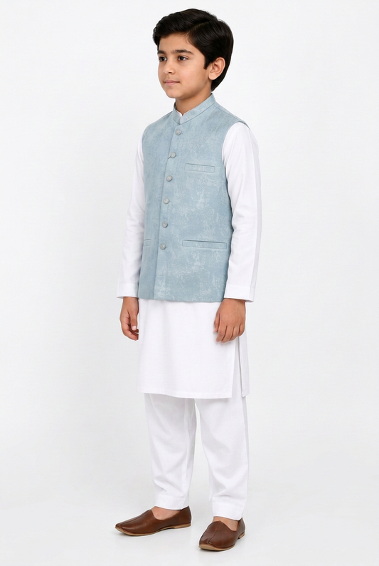 Boys Pastel Blue Stone Print Design Jamawar Waistcoat angled view