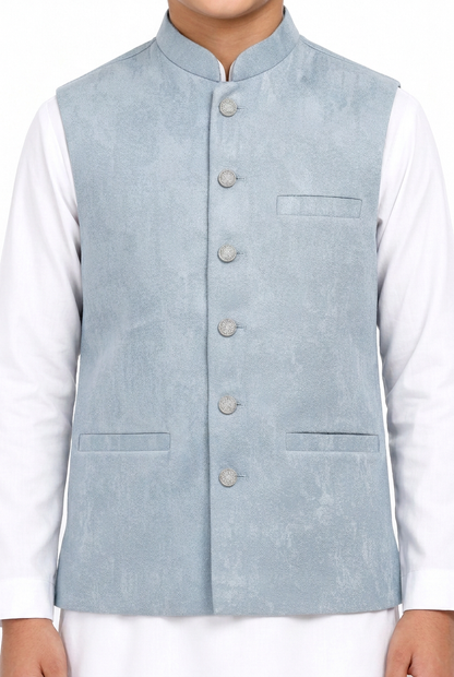 Boys Pastel Blue Stone Print Design Jamawar Waistcoat close-up