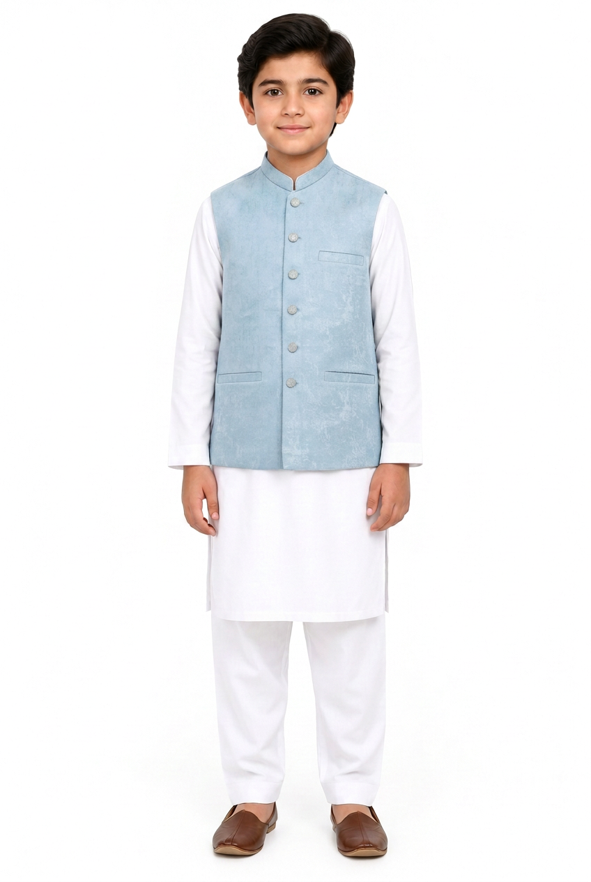 Boys Pastel Blue Stone Print Design Jamawar Waistcoat front view