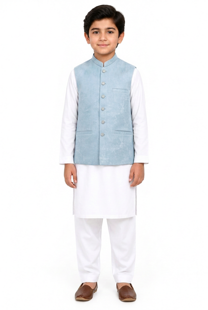 Boys Pastel Blue Stone Print Design Jamawar Waistcoat front view