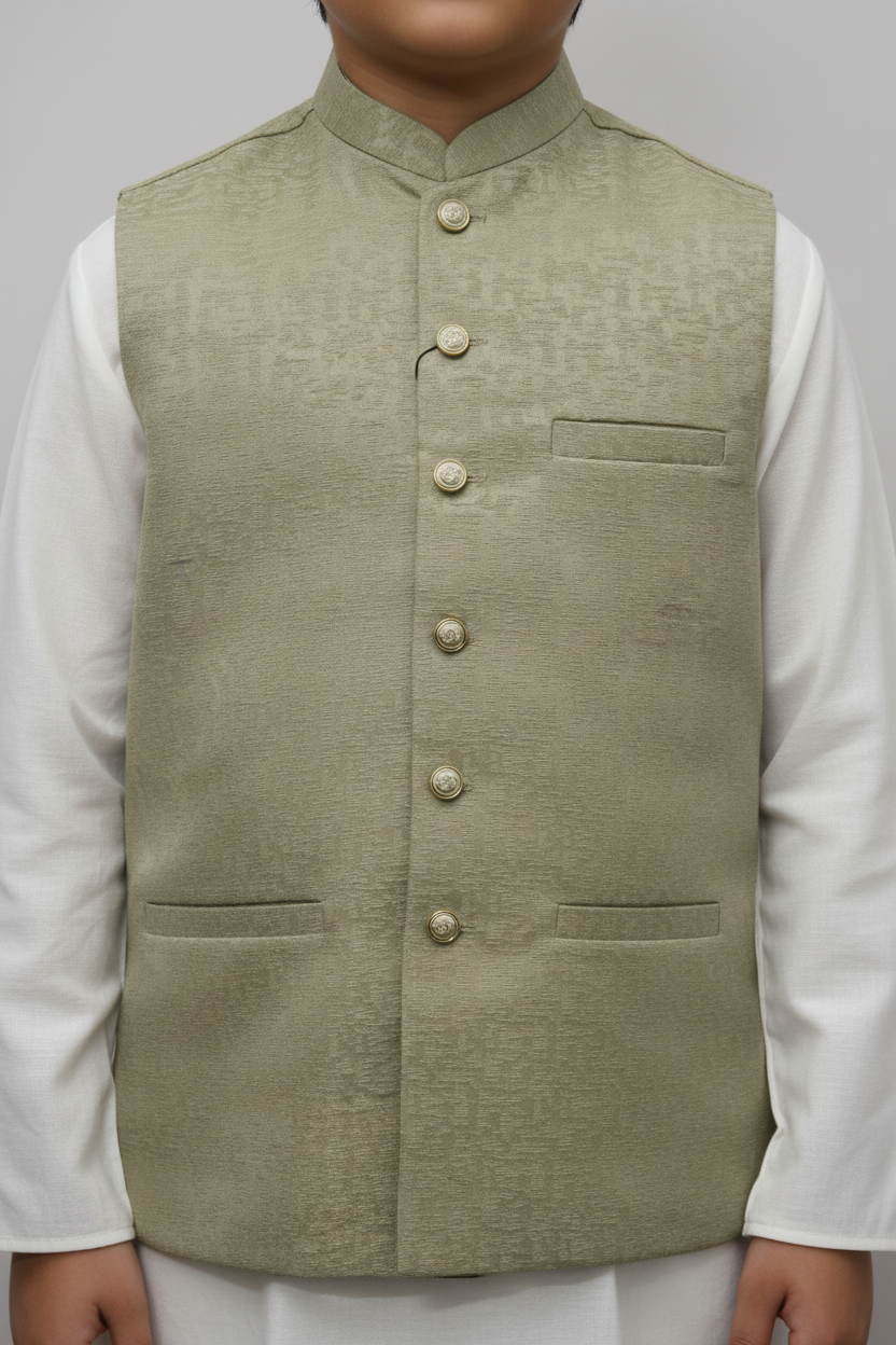 Boys Pistachio Stone Print Design Jamawar Waistcoat Close Up