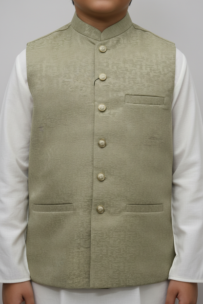 Boys Pistachio Stone Print Design Jamawar Waistcoat Close Up