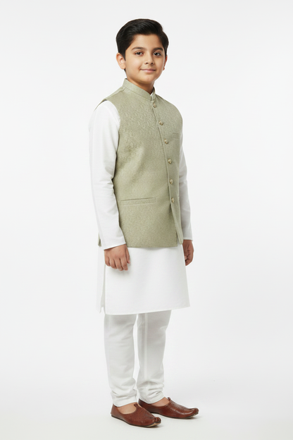 Boys Pistachio Stone Print Design Jamawar Waistcoat Full