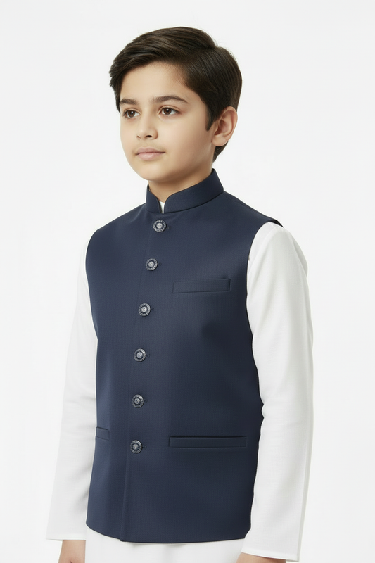 Boys Plain Navy Waistcoat Side pose