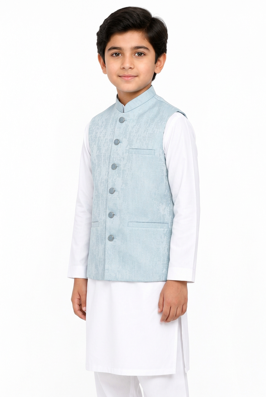 Boys Powder Blue Stone Print Design Jamawar Waistcoat Angled Full