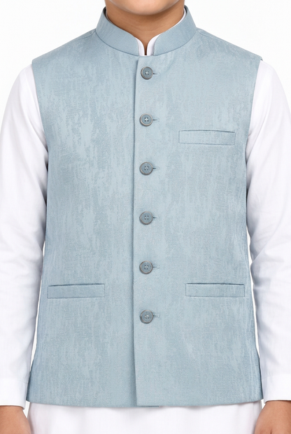Boys Powder Blue Stone Print Design Jamawar Waistcoat Close Up