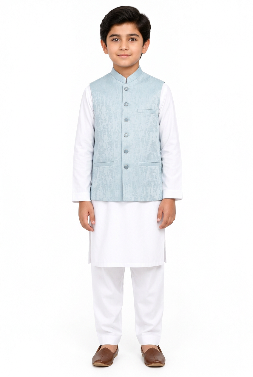 Boys Powder Blue Stone Print Design Jamawar Waistcoat Full