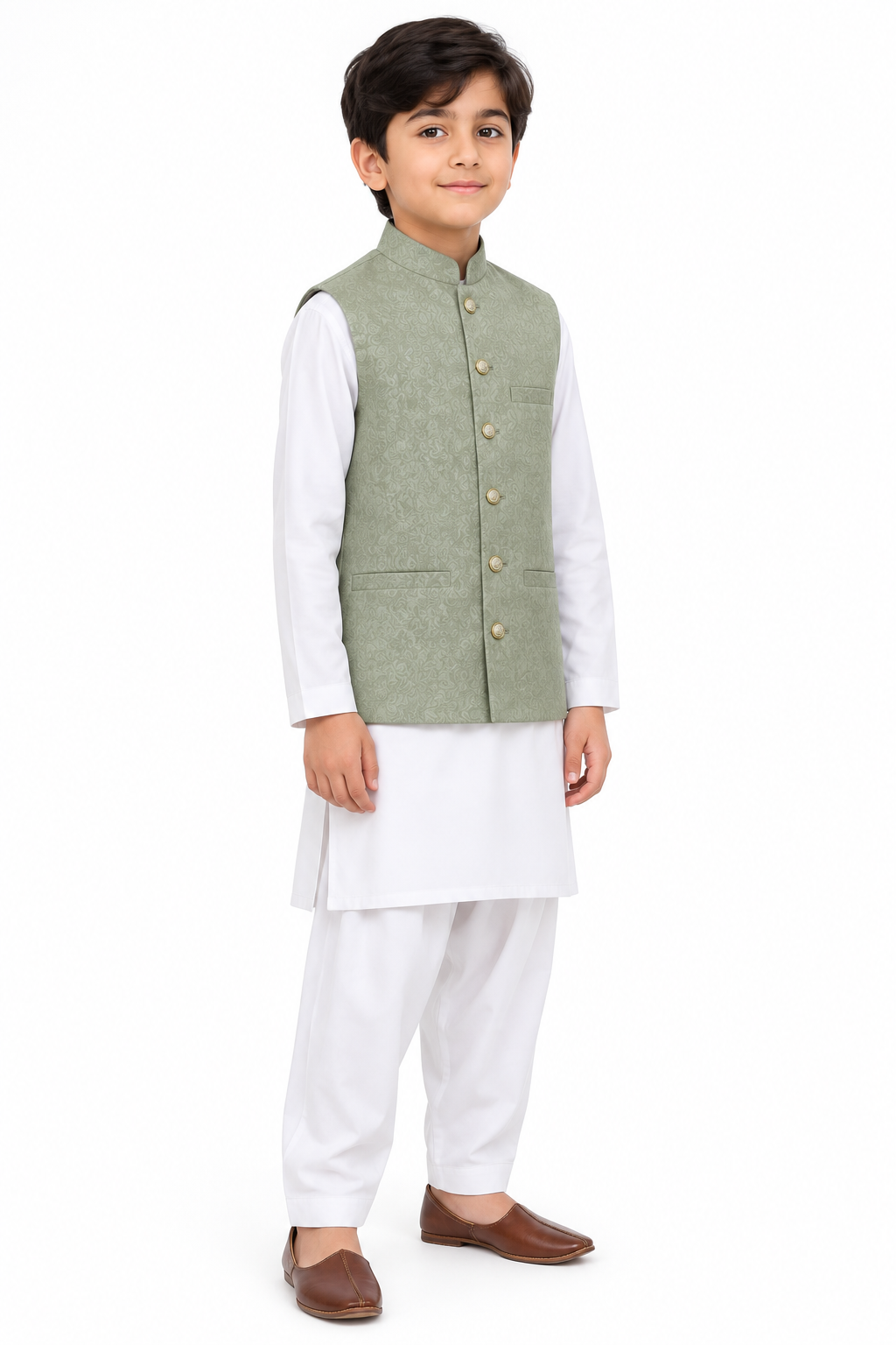 Boys Sage Flower Design Jamawar Waistcoat Angled Full