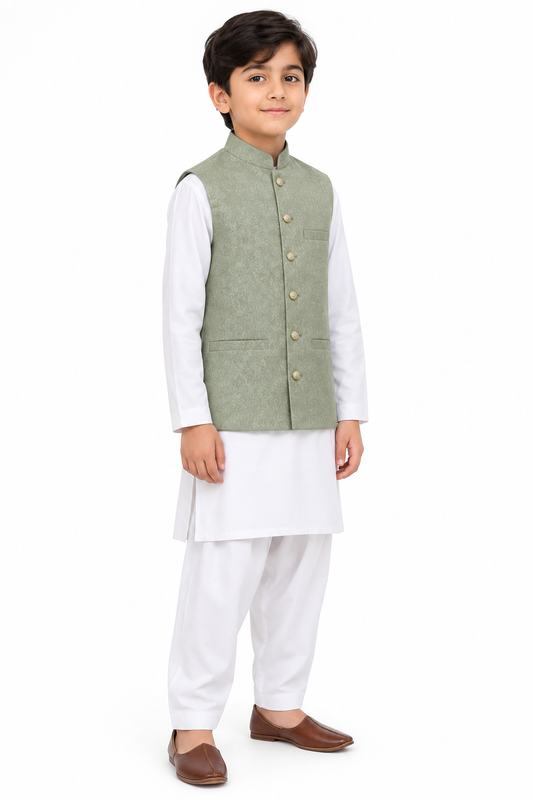 Boys Sage Flower Design Jamawar Waistcoat Angled Full