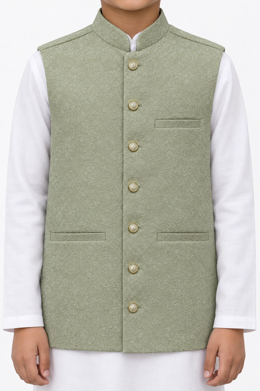 Boys Sage Flower Design Jamawar Waistcoat Close Up