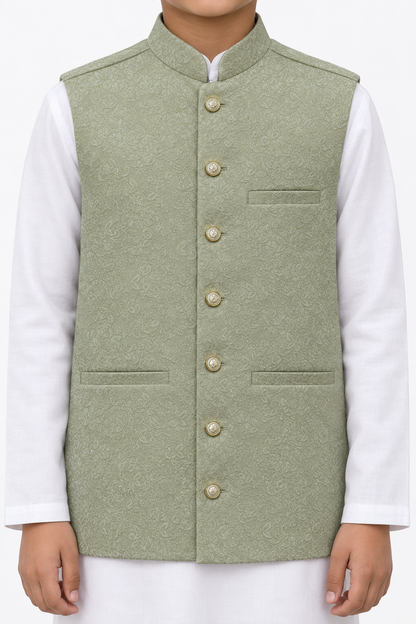 Boys Sage Flower Design Jamawar Waistcoat Close Up