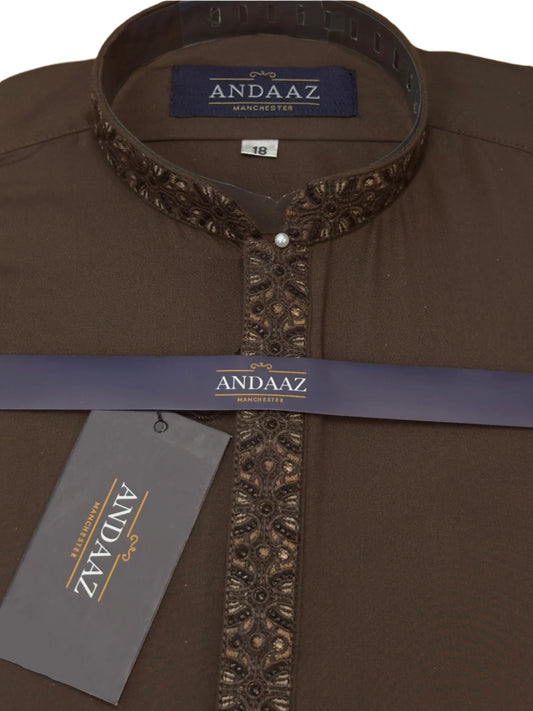 Boys Shalwar Kameez Brown Placket Embroidery
