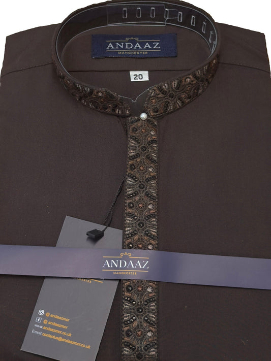 Boys Shalwar Kameez Dark Brown Placket Embroidery