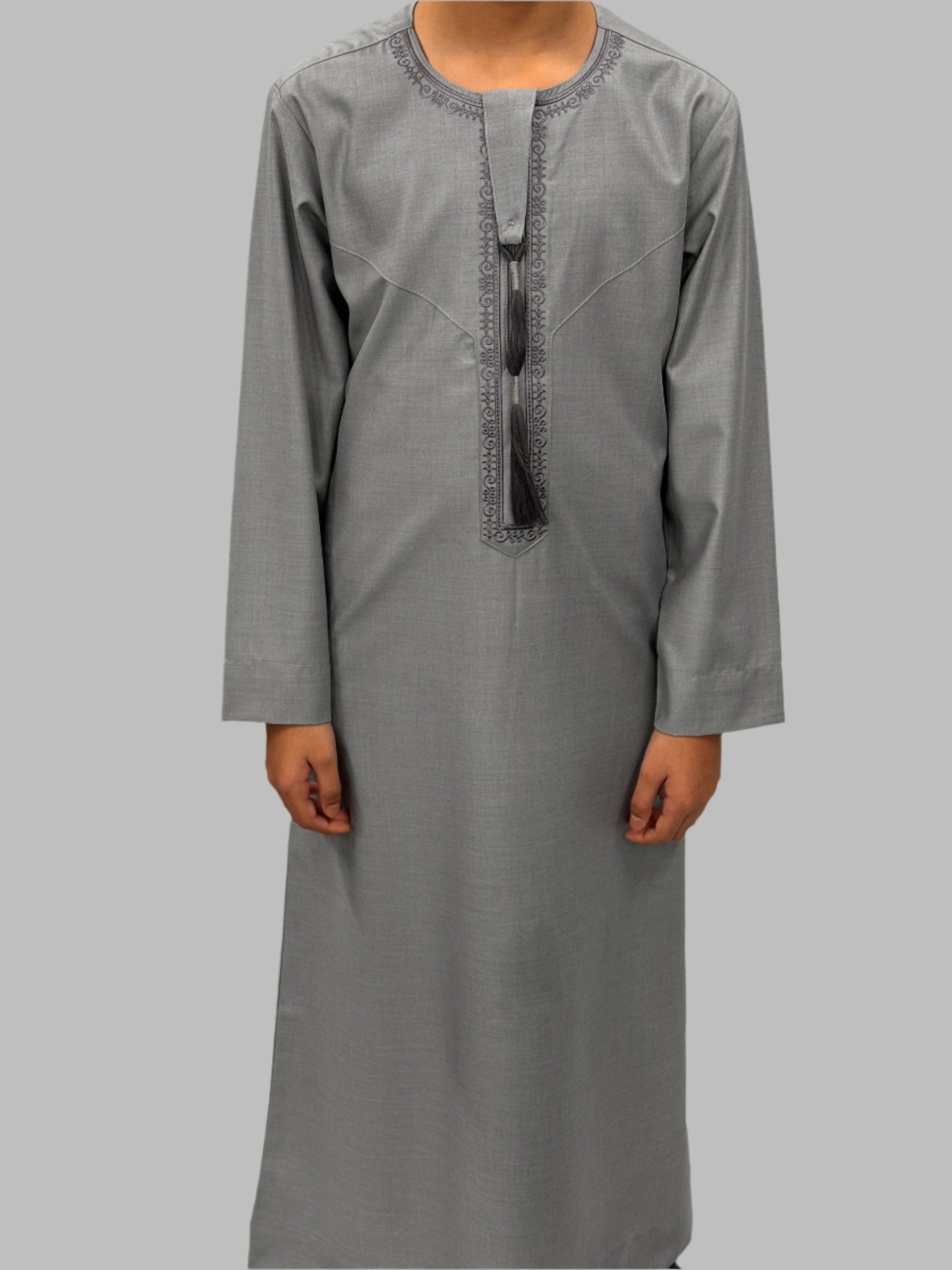 Boys Stone Grey Premium Embroidery Thobe Front View