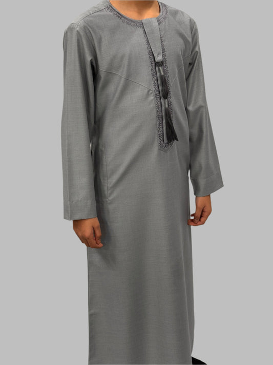 Boys Stone Grey Premium Embroidery Thobe Side View